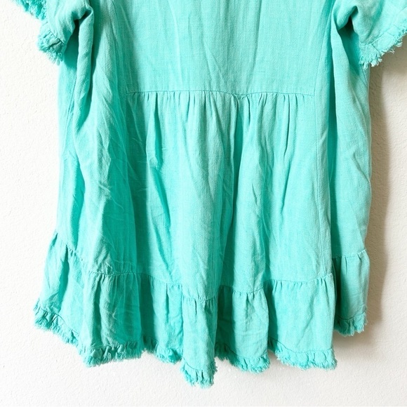Umgee Green Babydoll Linen Cotton Ruffle Tunic Blouse Top Frayed Hem Sz M - Picture 11 of 12